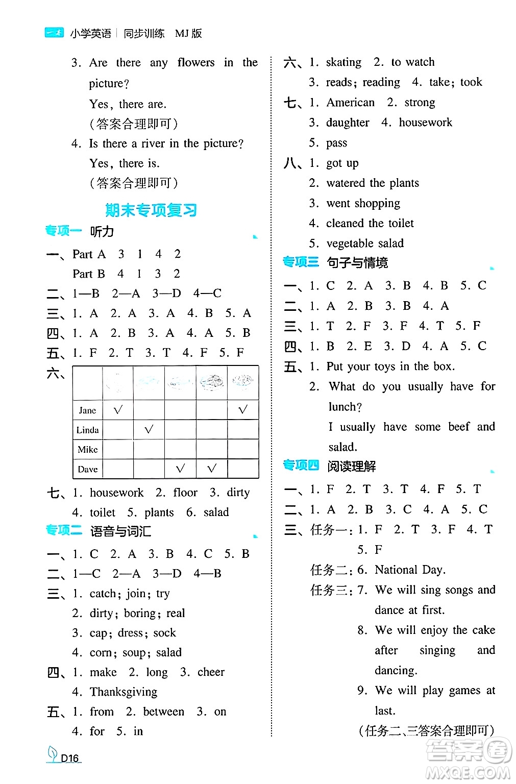 湖南教育出版社2024年秋一本同步訓(xùn)練六年級(jí)英語(yǔ)上冊(cè)閩教版福建專版答案