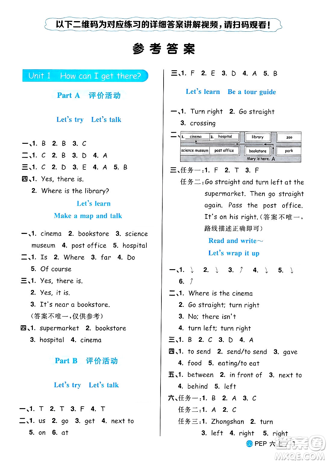 廣東人民出版社2024年秋陽光同學(xué)課時優(yōu)化作業(yè)六年級英語上冊人教PEP版廣東專版答案