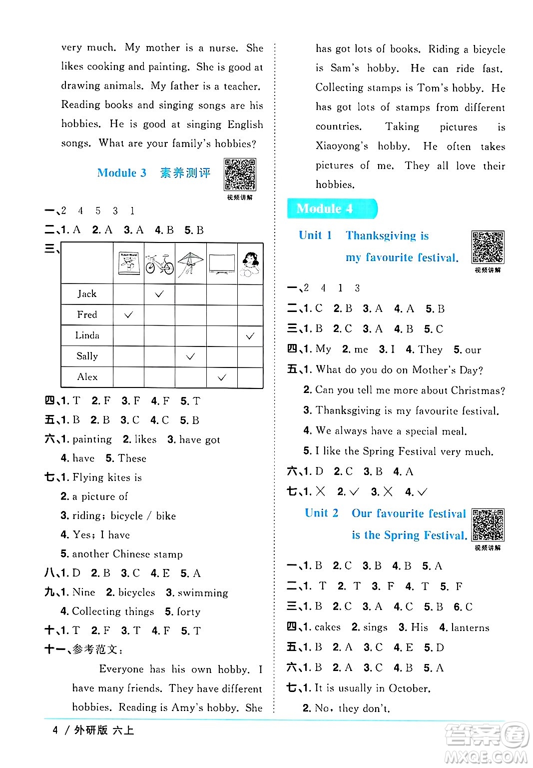 江西教育出版社2024年秋陽光同學課時優(yōu)化作業(yè)六年級英語上冊外研版三起點答案