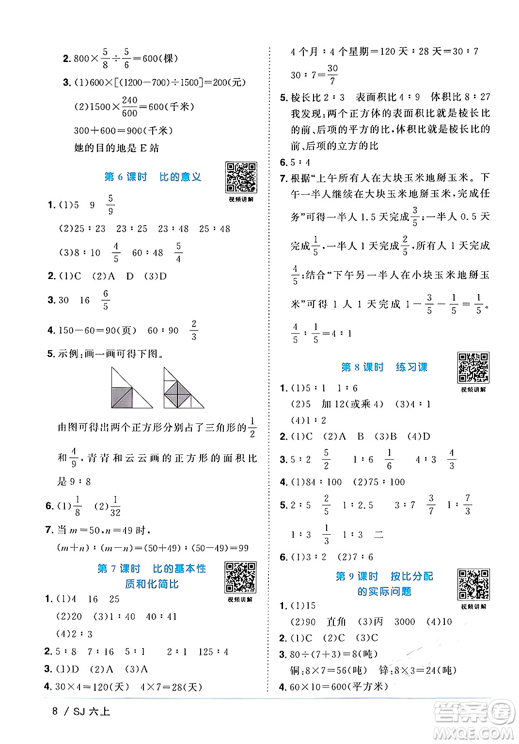 江西教育出版社2024年秋陽光同學(xué)課時(shí)優(yōu)化作業(yè)六年級(jí)數(shù)學(xué)上冊蘇教版答案