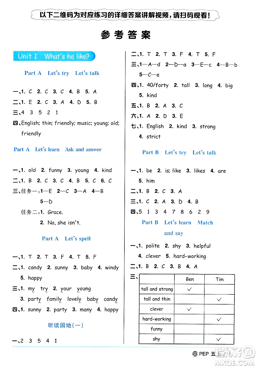 甘肅少年兒童出版社2024年秋陽光同學課時優(yōu)化作業(yè)五年級英語上冊人教PEP版山東專版答案