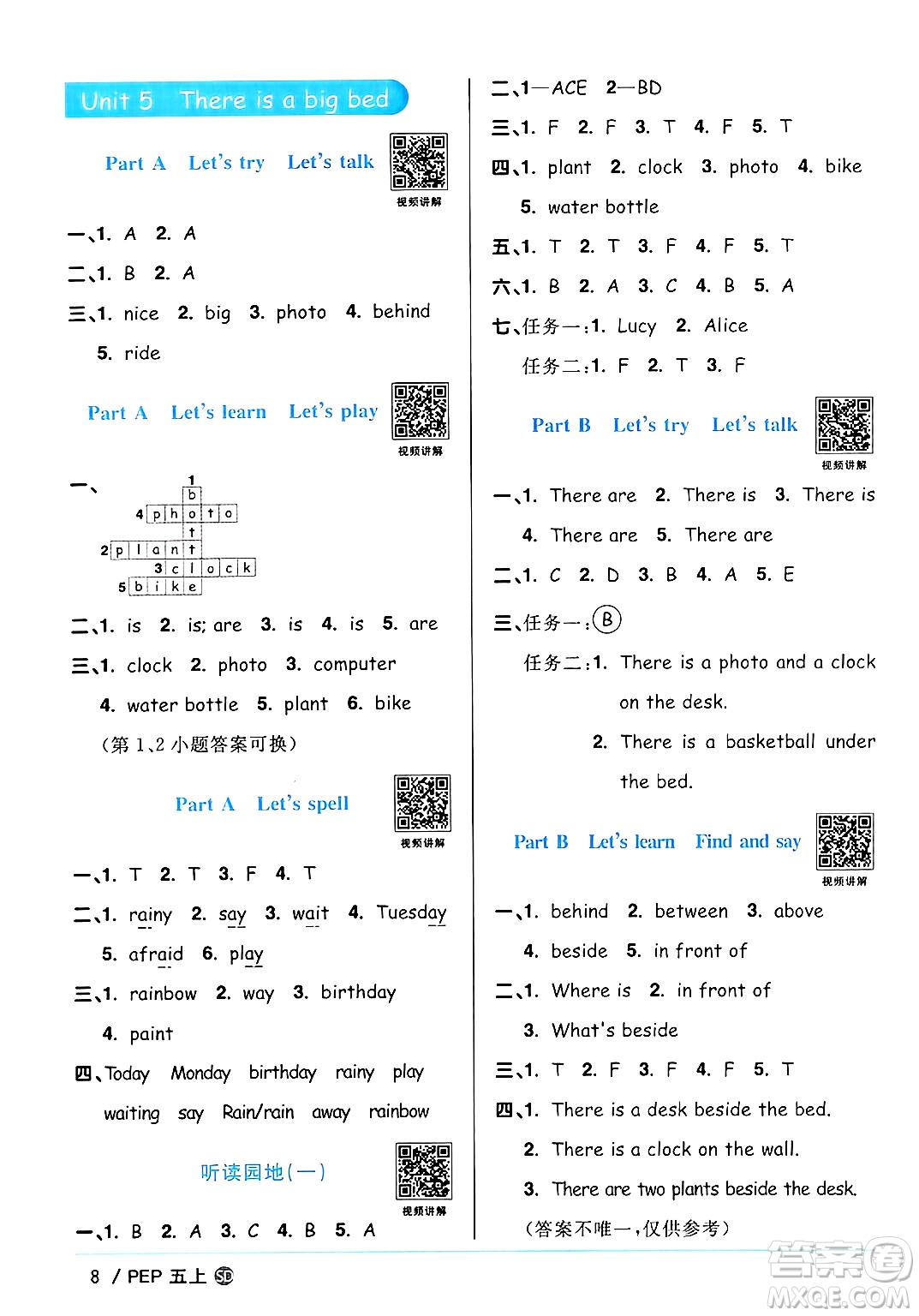 甘肅少年兒童出版社2024年秋陽光同學課時優(yōu)化作業(yè)五年級英語上冊人教PEP版山東專版答案