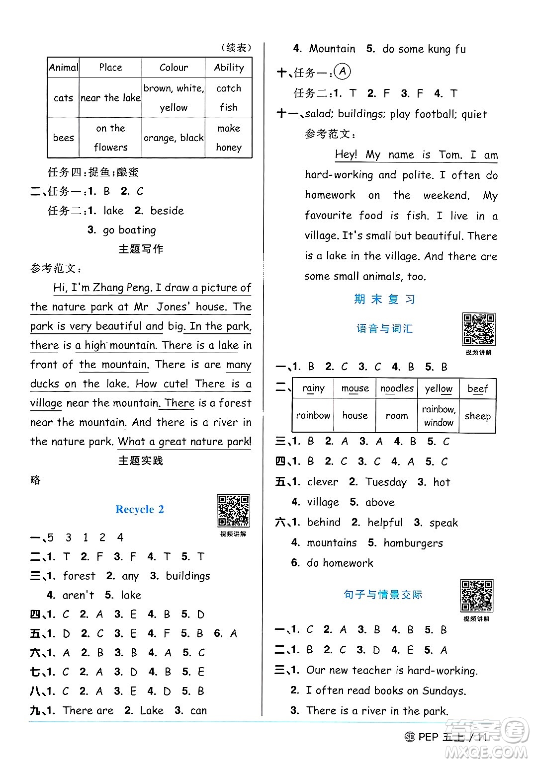 甘肅少年兒童出版社2024年秋陽光同學課時優(yōu)化作業(yè)五年級英語上冊人教PEP版山東專版答案