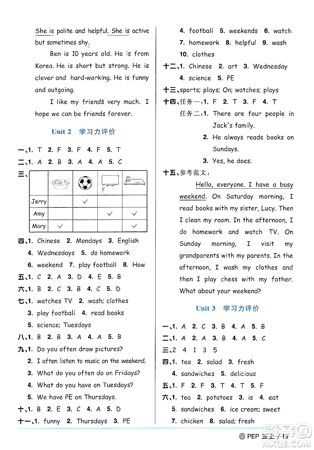 甘肅少年兒童出版社2024年秋陽光同學課時優(yōu)化作業(yè)五年級英語上冊人教PEP版山東專版答案