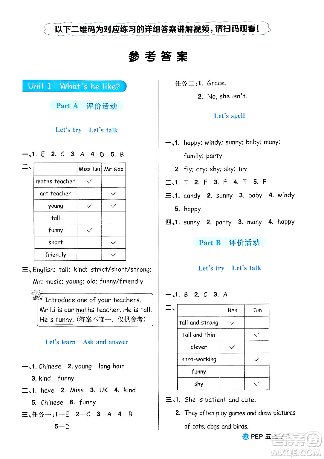 廣東人民出版社2024年秋陽光同學(xué)課時(shí)優(yōu)化作業(yè)五年級英語上冊人教PEP版廣東專版答案