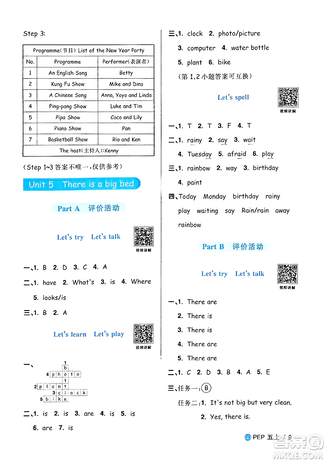 廣東人民出版社2024年秋陽光同學(xué)課時(shí)優(yōu)化作業(yè)五年級英語上冊人教PEP版廣東專版答案