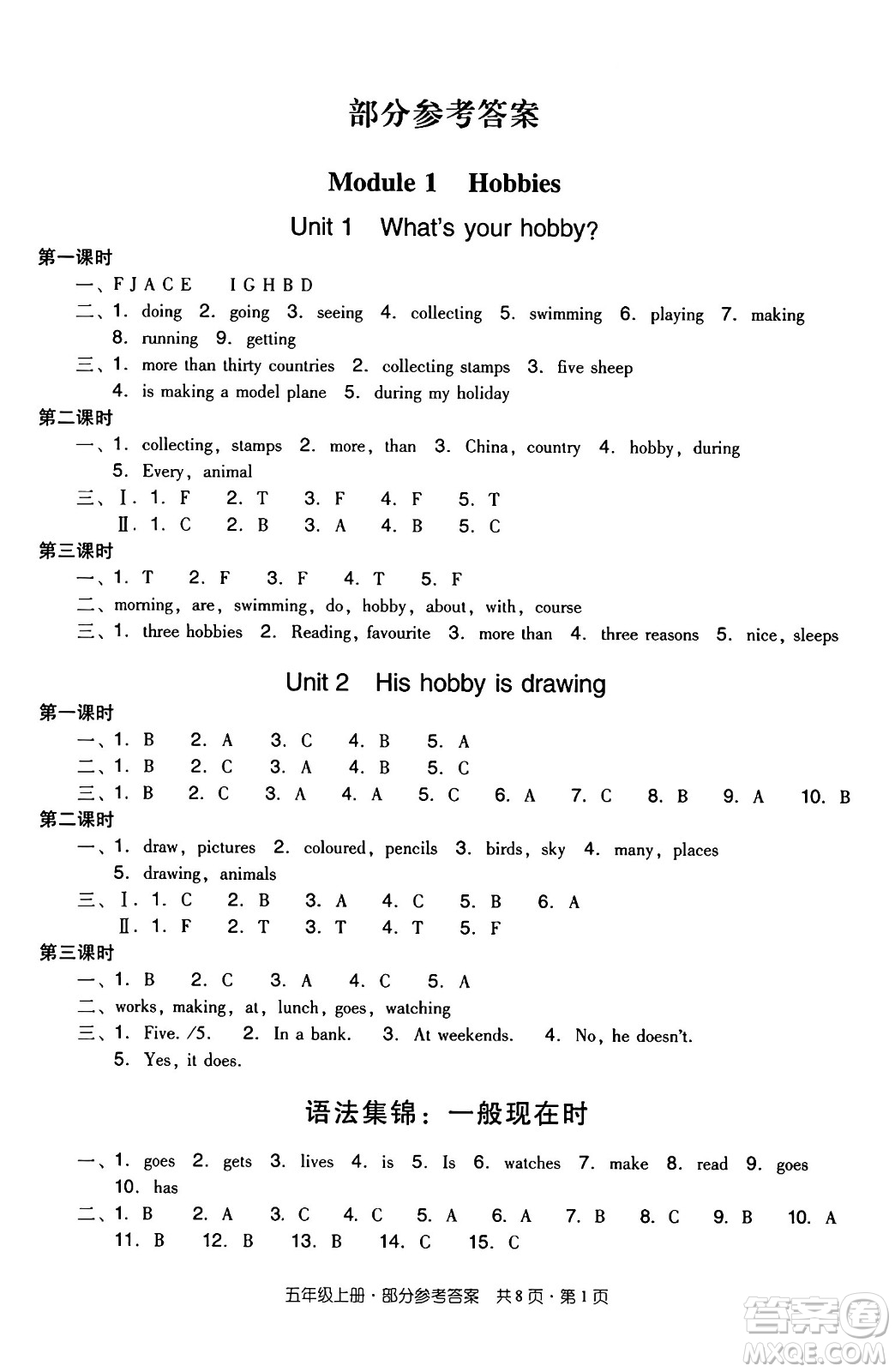 江西教育出版社2024年秋陽光同學(xué)課時優(yōu)化作業(yè)五年級英語上冊教科版廣州專版答案