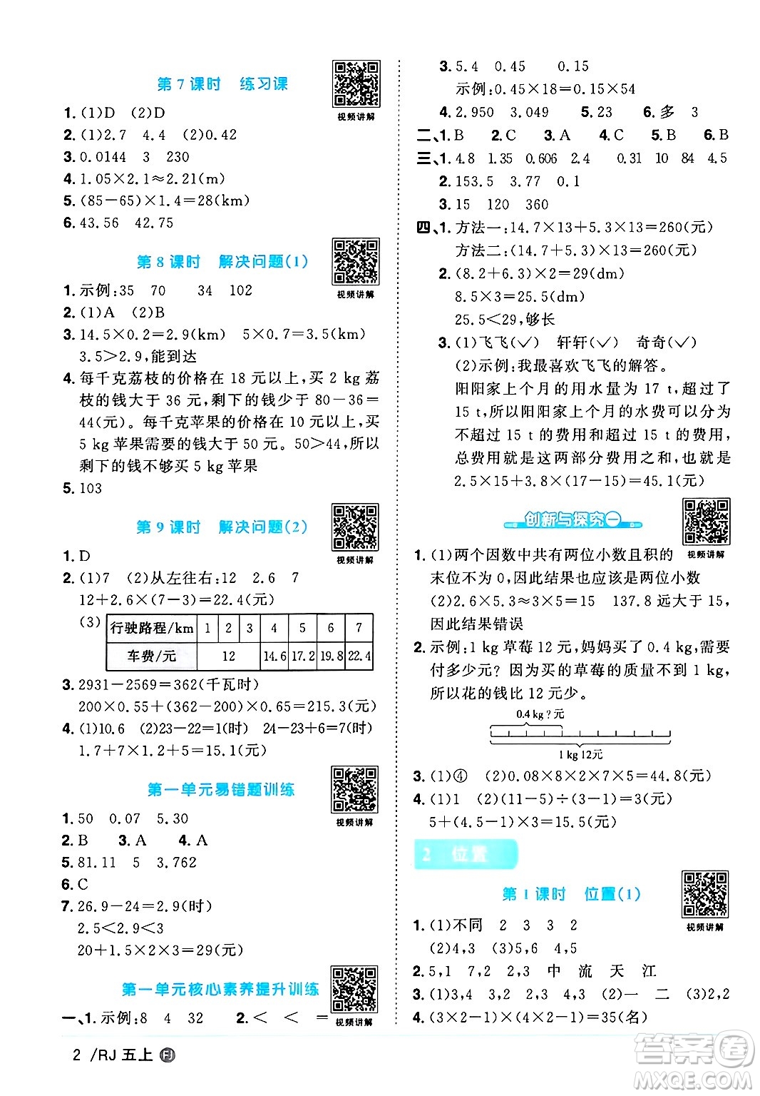 福建少年兒童出版社2024年秋陽光同學(xué)課時(shí)優(yōu)化作業(yè)五年級(jí)數(shù)學(xué)上冊(cè)人教版福建專版答案