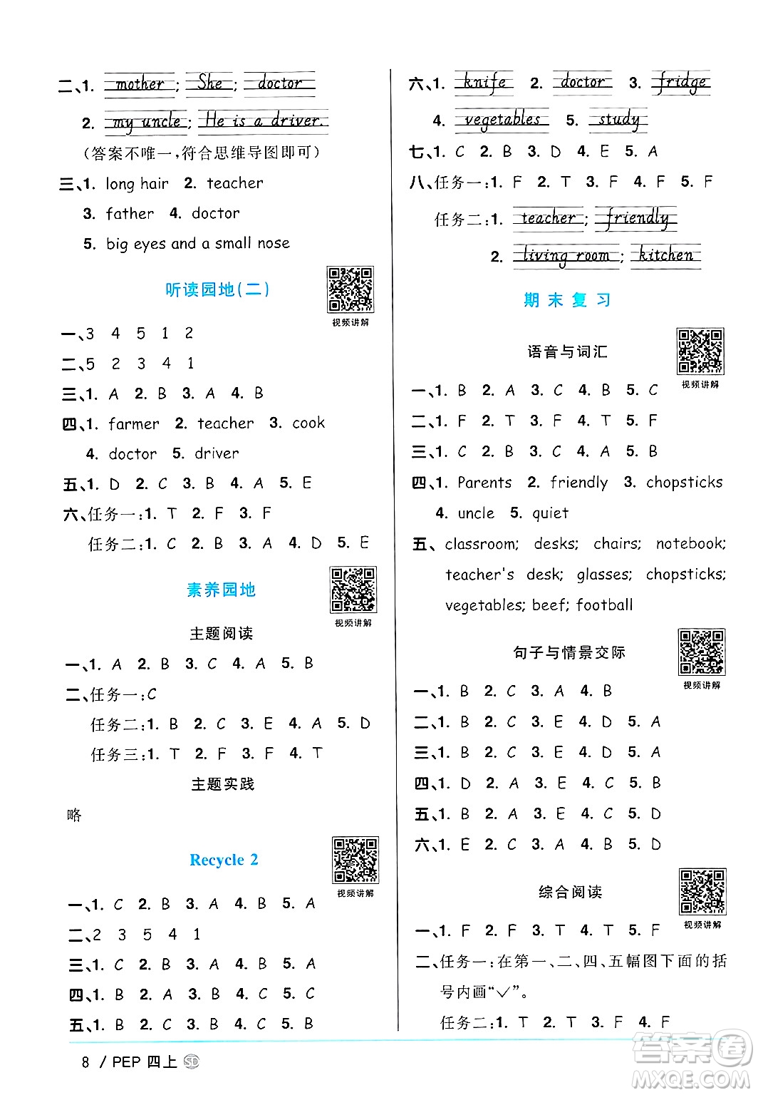 甘肅少年兒童出版社2024年秋陽光同學(xué)課時優(yōu)化作業(yè)四年級英語上冊人教PEP版山東專版答案