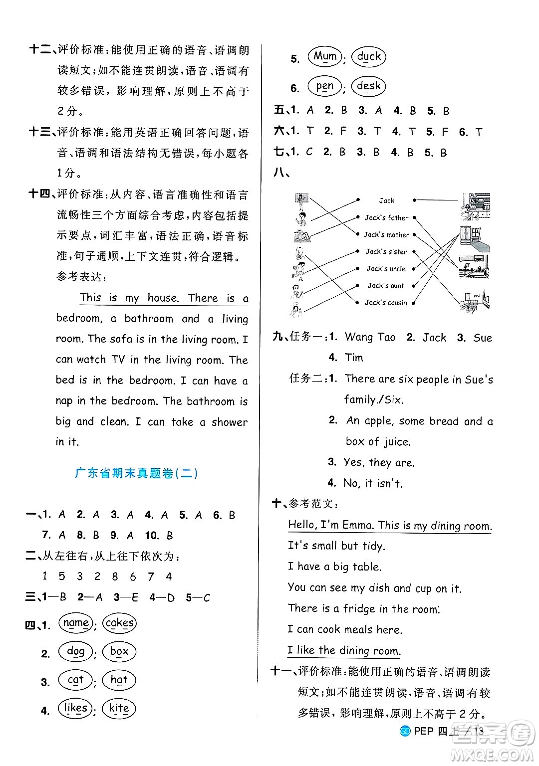 廣東人民出版社2024年秋陽光同學(xué)課時優(yōu)化作業(yè)四年級英語上冊人教PEP版廣東專版答案