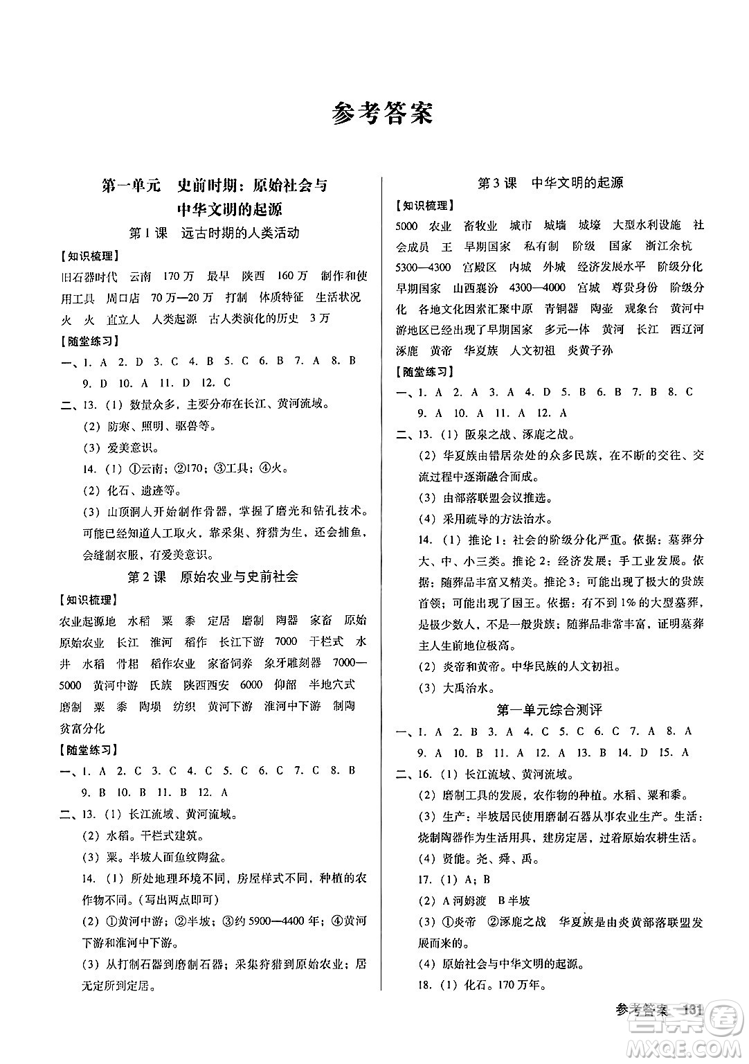 廣東經(jīng)濟出版社2024年秋全優(yōu)點練課計劃七年級歷史上冊人教版答案