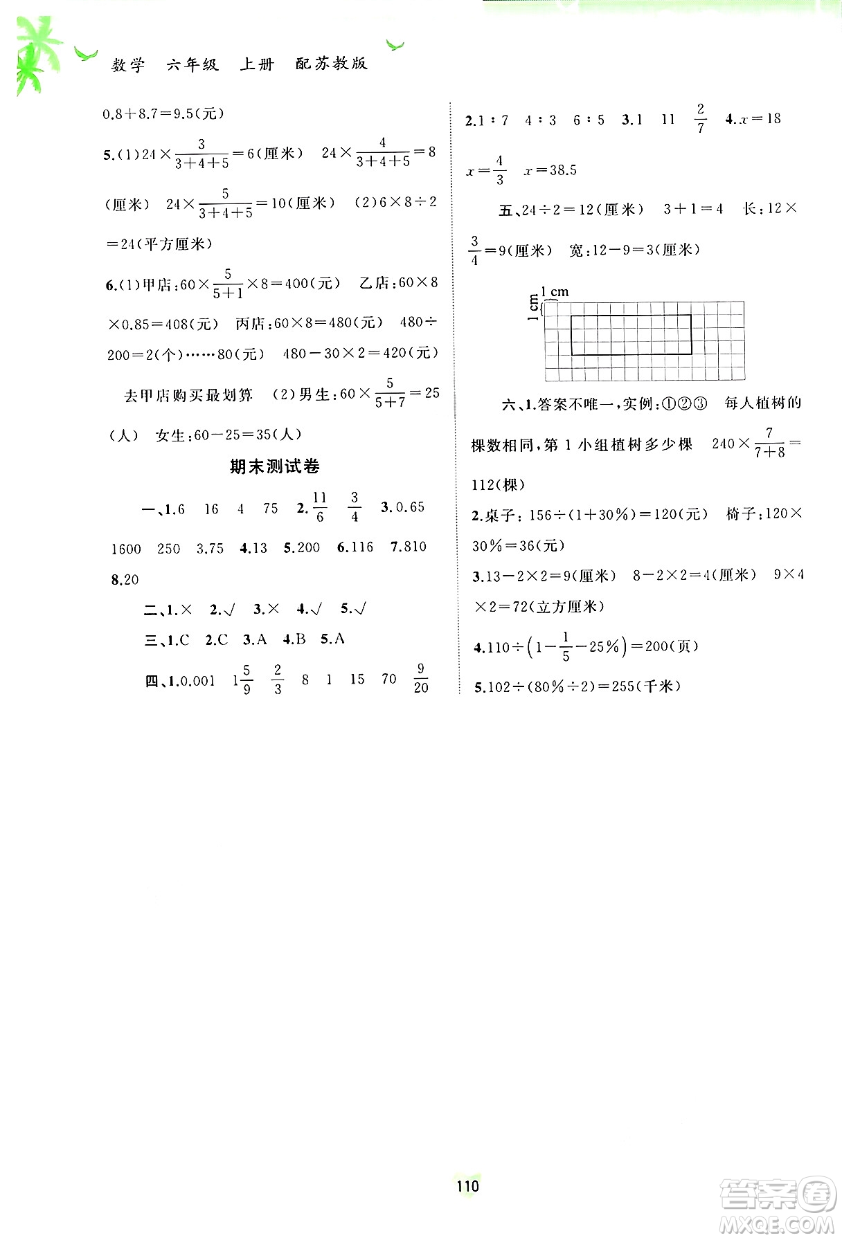 廣西師范大學(xué)出版社2024年秋新課程學(xué)習(xí)與測評同步學(xué)習(xí)六年級數(shù)學(xué)上冊蘇教版答案