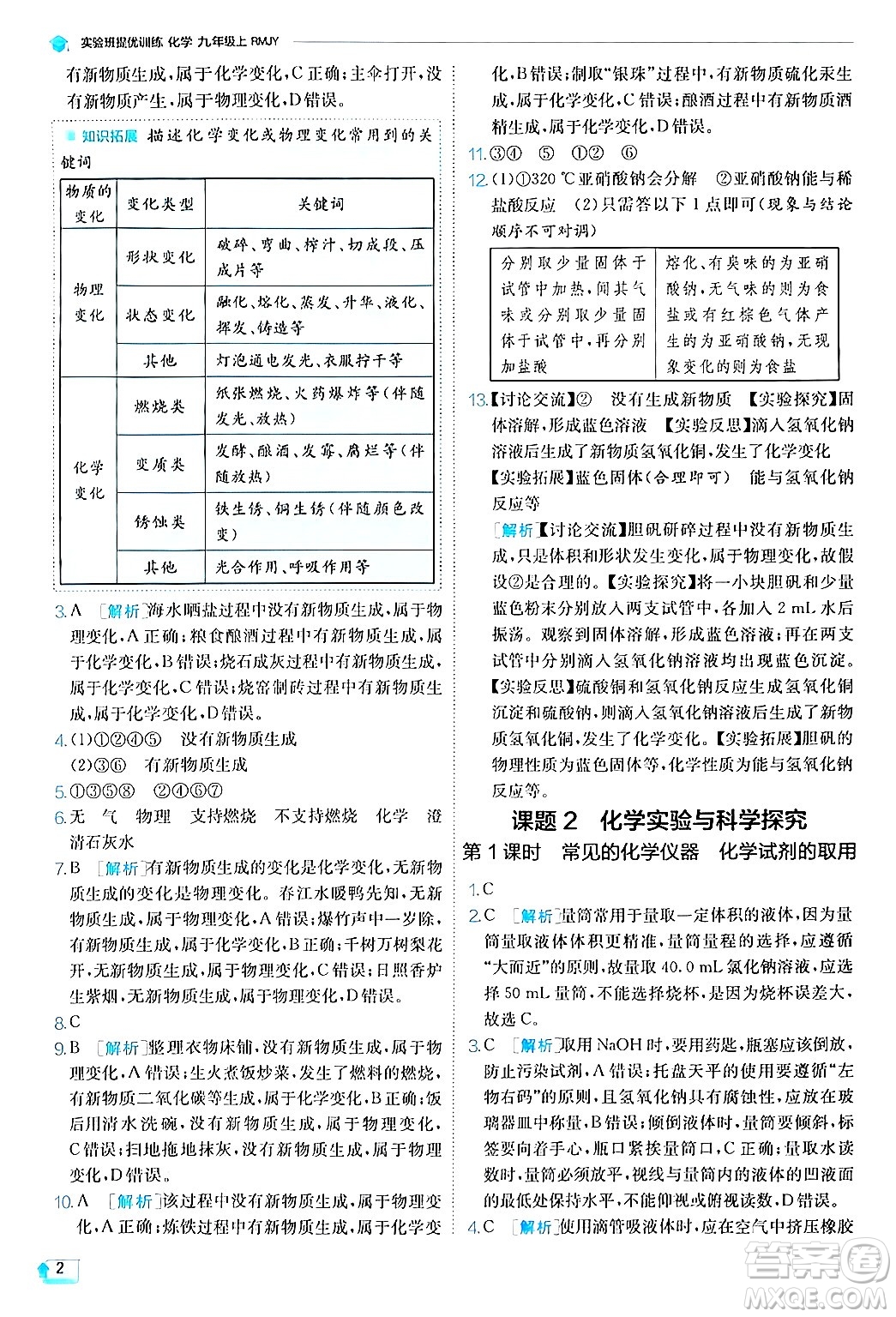 江蘇人民出版社2024年秋春雨教育實驗班提優(yōu)訓(xùn)練九年級化學(xué)上冊人教版答案