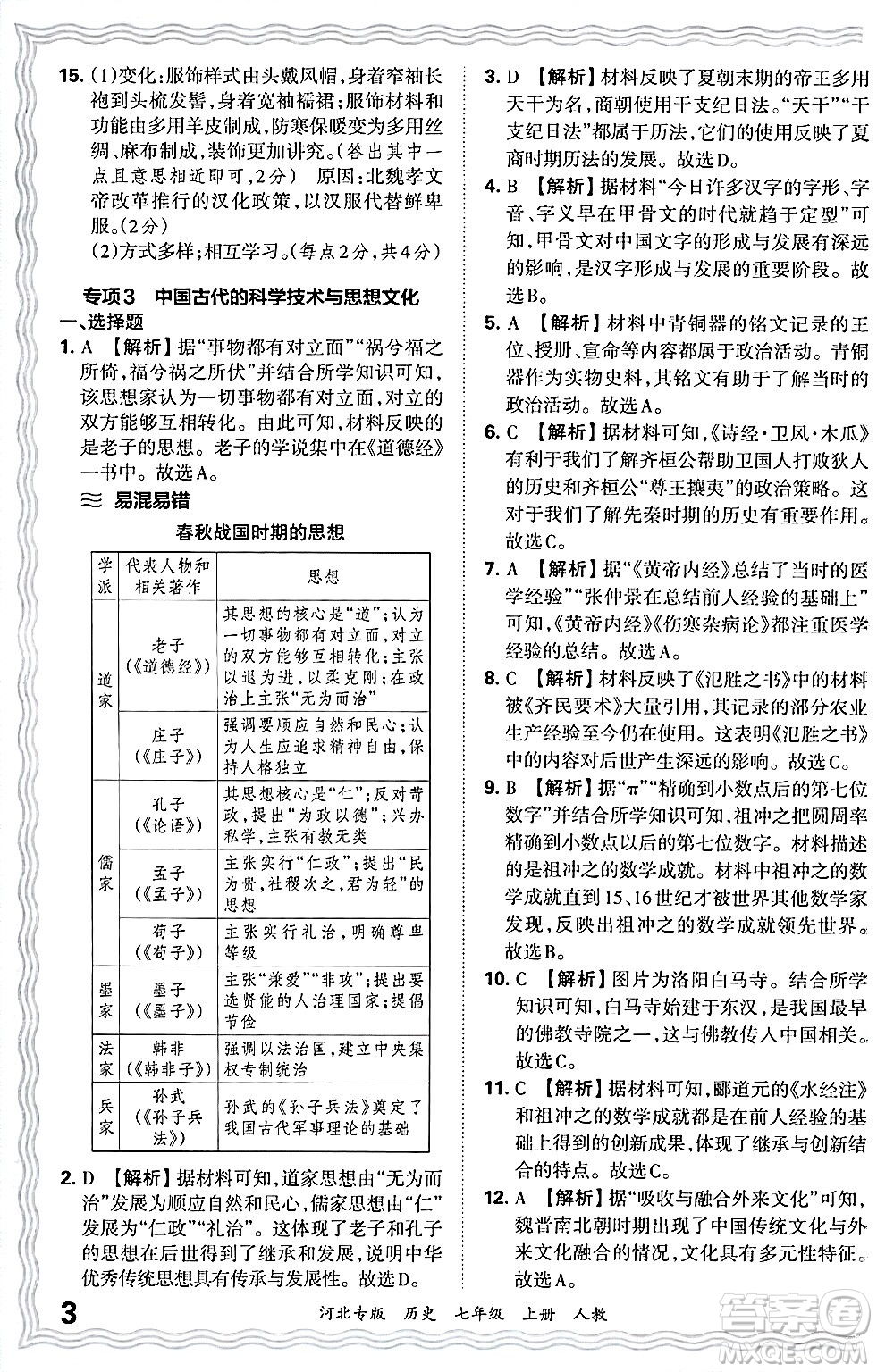 江西人民出版社2024年秋王朝霞各地期末試卷精選七年級歷史上冊人教版河北專版答案