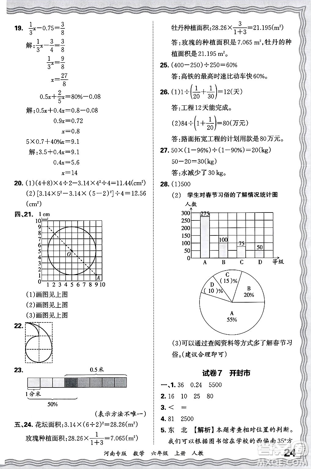 江西人民出版社2024年秋王朝霞各地期末試卷精選六年級數(shù)學(xué)上冊人教版河南專版答案