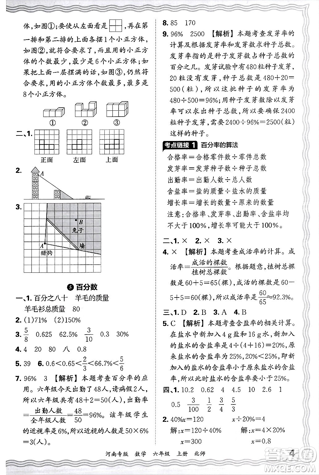 江西人民出版社2024年秋王朝霞各地期末試卷精選六年級數(shù)學上冊北師大版河南專版答案