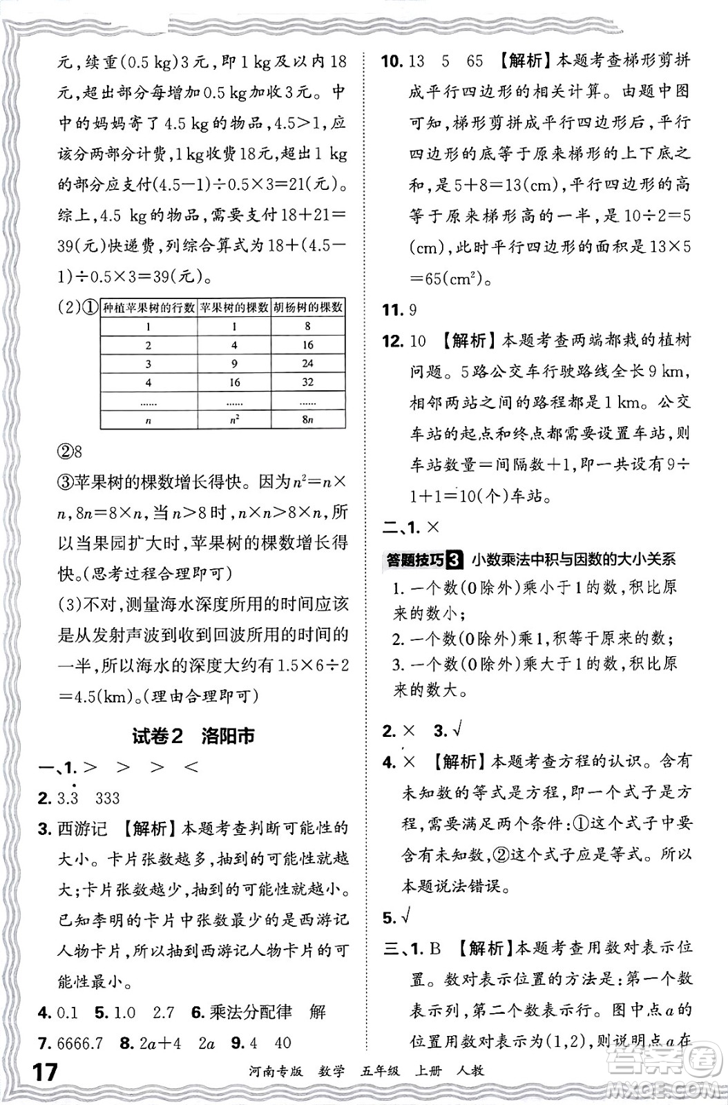 江西人民出版社2024年秋王朝霞各地期末試卷精選五年級數(shù)學(xué)上冊人教版河南專版答案