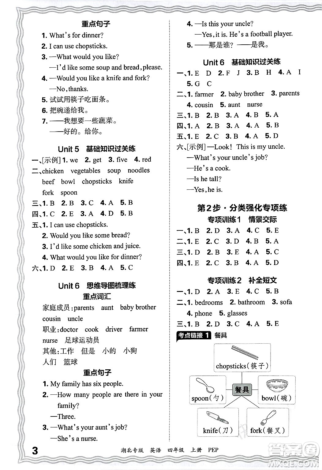 江西人民出版社2024年秋王朝霞各地期末試卷精選四年級英語上冊人教PEP版湖北專版答案