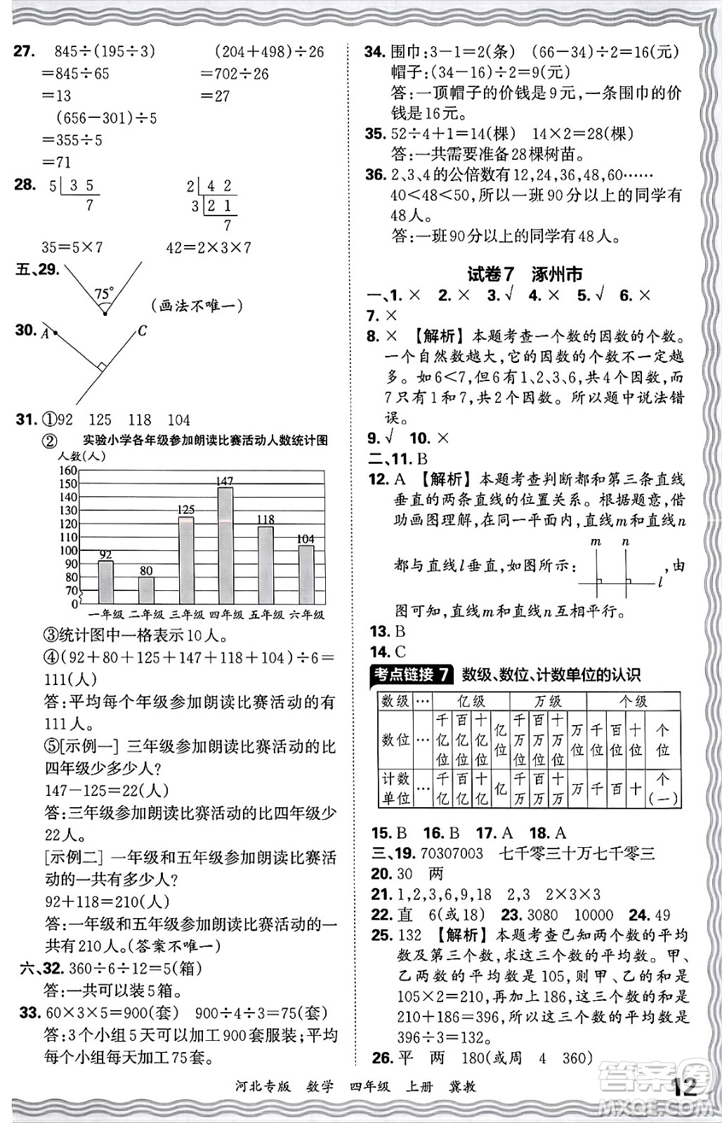 江西人民出版社2024年秋王朝霞各地期末試卷精選四年級(jí)數(shù)學(xué)上冊(cè)冀教版河北專(zhuān)版答案