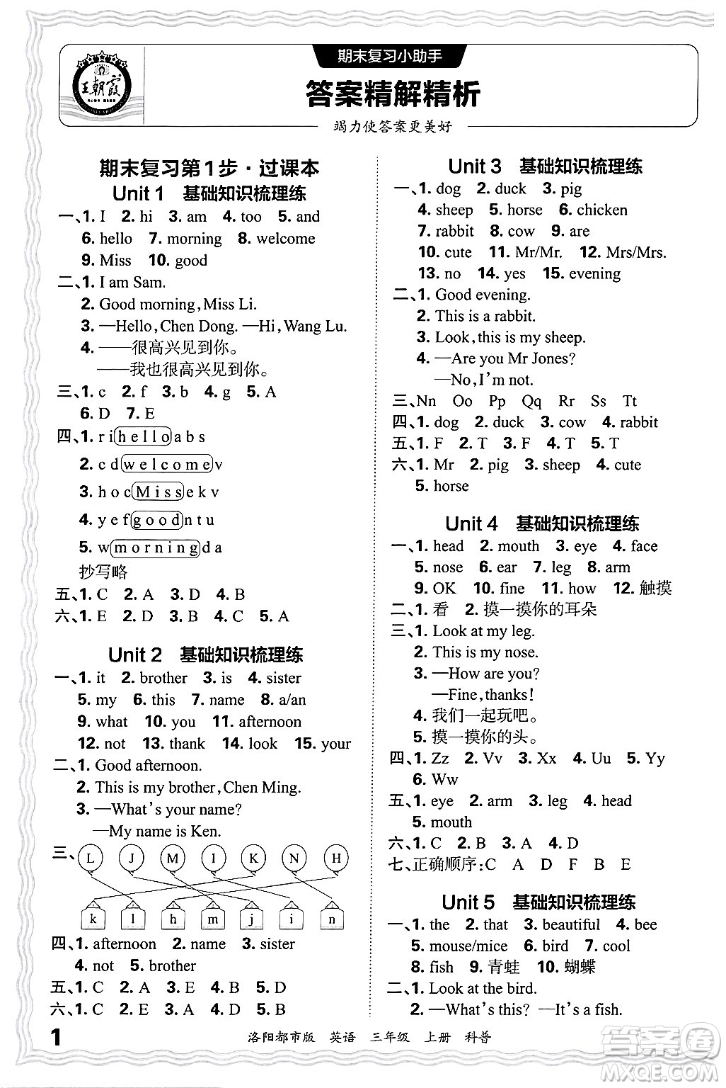 江西人民出版社2024年秋王朝霞各地期末試卷精選三年級(jí)英語上冊(cè)科普版洛陽專版答案