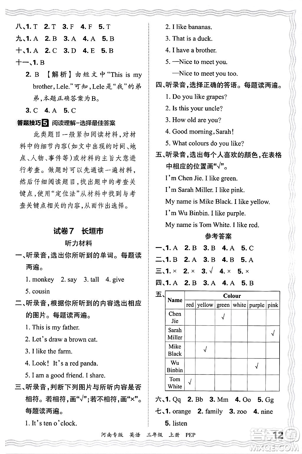 江西人民出版社2024年秋王朝霞各地期末試卷精選三年級英語上冊人教PEP版河南專版答案