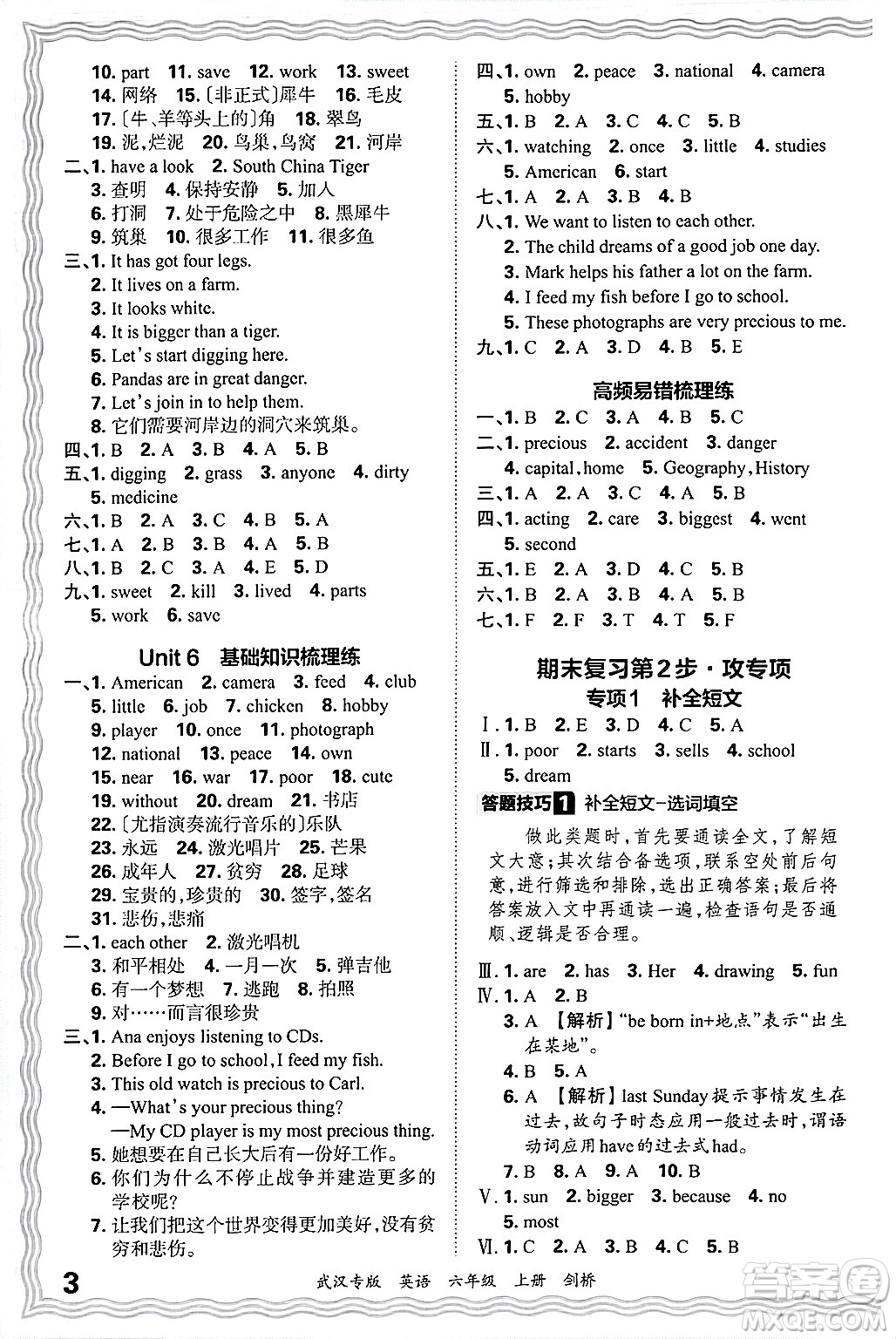 江西人民出版社2024年秋王朝霞期末真題精編六年級英語上冊劍橋版大武漢專版答案