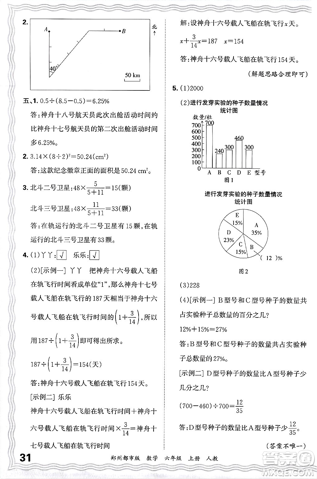 江西人民出版社2024年秋王朝霞期末真題精編六年級數(shù)學(xué)上冊人教版鄭州都市版答案