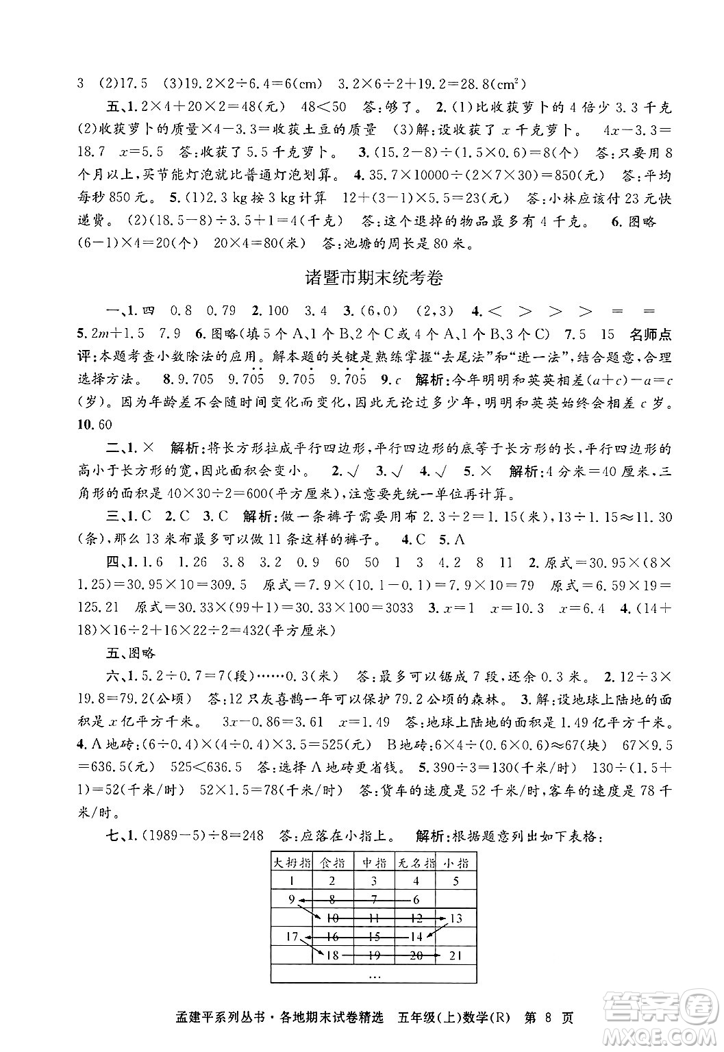 浙江工商大學(xué)出版社2024年秋孟建平各地期末試卷精選五年級數(shù)學(xué)上冊人教版答案