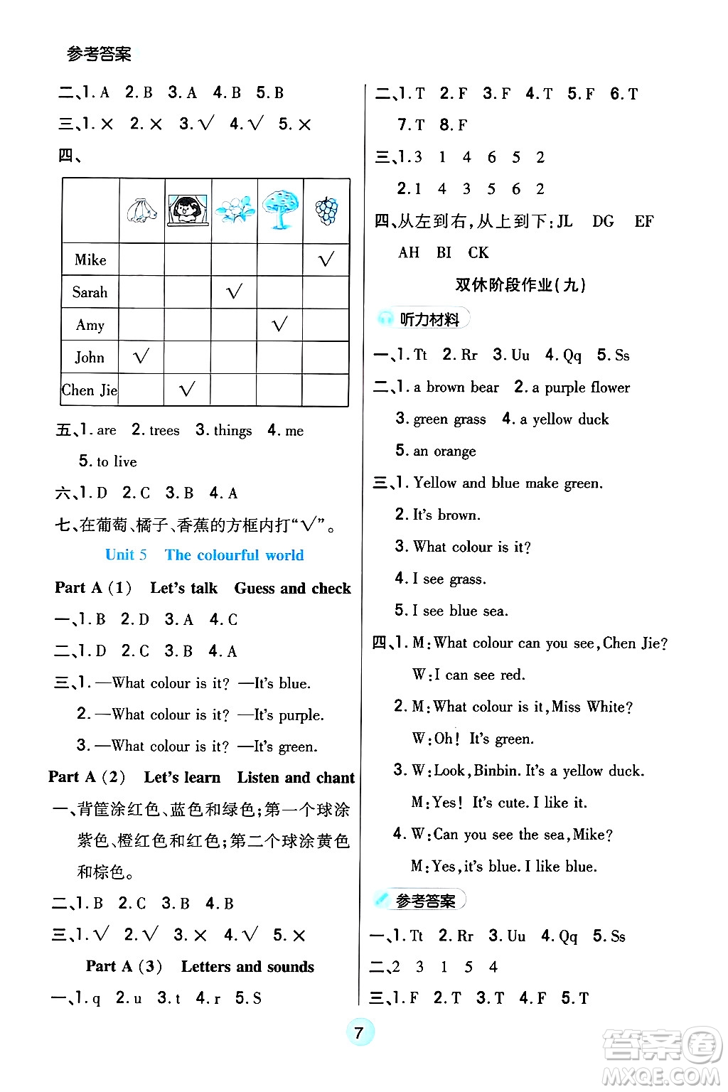 天津科學(xué)技術(shù)出版社2024年秋云頂課堂三年級(jí)英語上冊(cè)人教PEP版答案