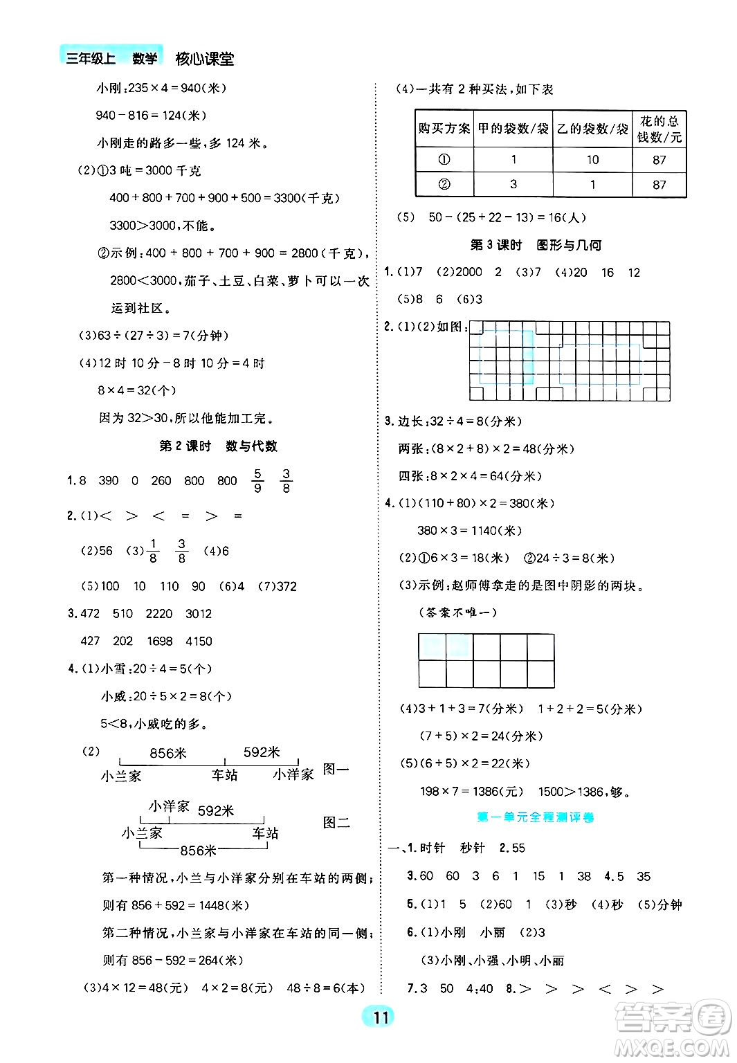 天津人民出版社2024年秋核心360核心課堂三年級(jí)數(shù)學(xué)上冊(cè)通用版答案