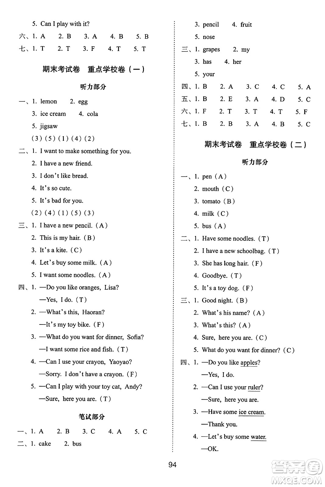 長(zhǎng)春出版社2024年秋68所期末沖刺100分完全試卷三年級(jí)英語(yǔ)上冊(cè)人教PEP版三起點(diǎn)答案