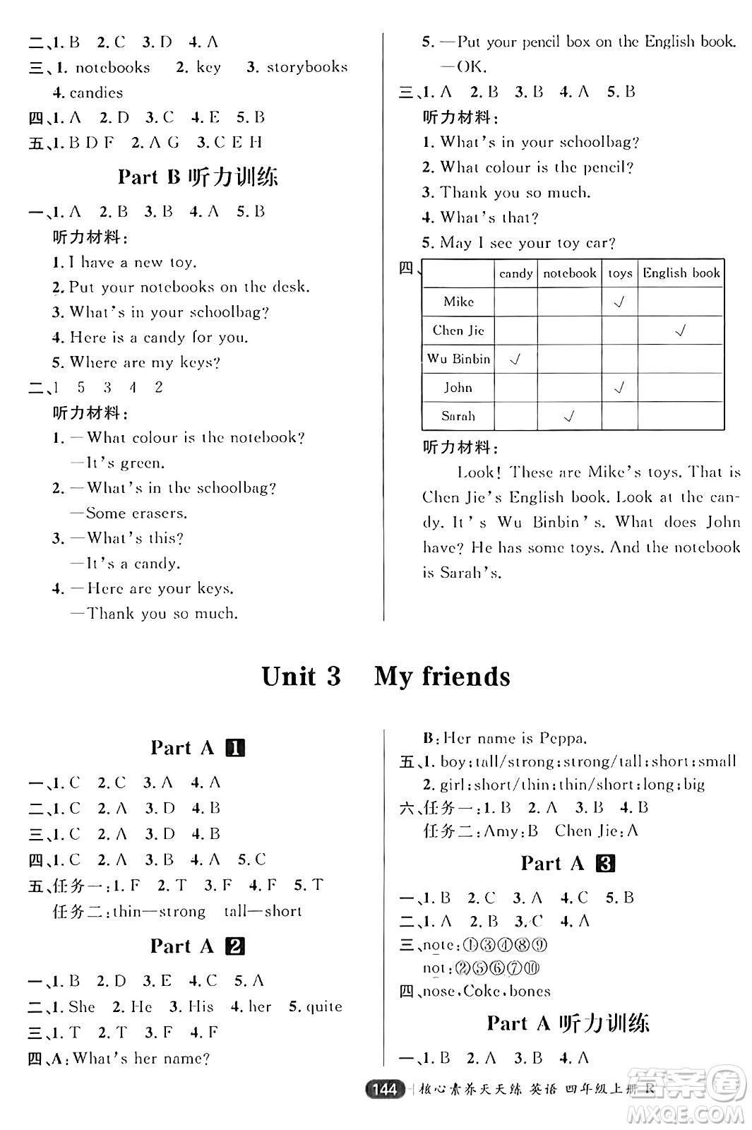 南方出版社2024秋學(xué)緣教育核心素養(yǎng)天天練四年級英語上冊人教版答案