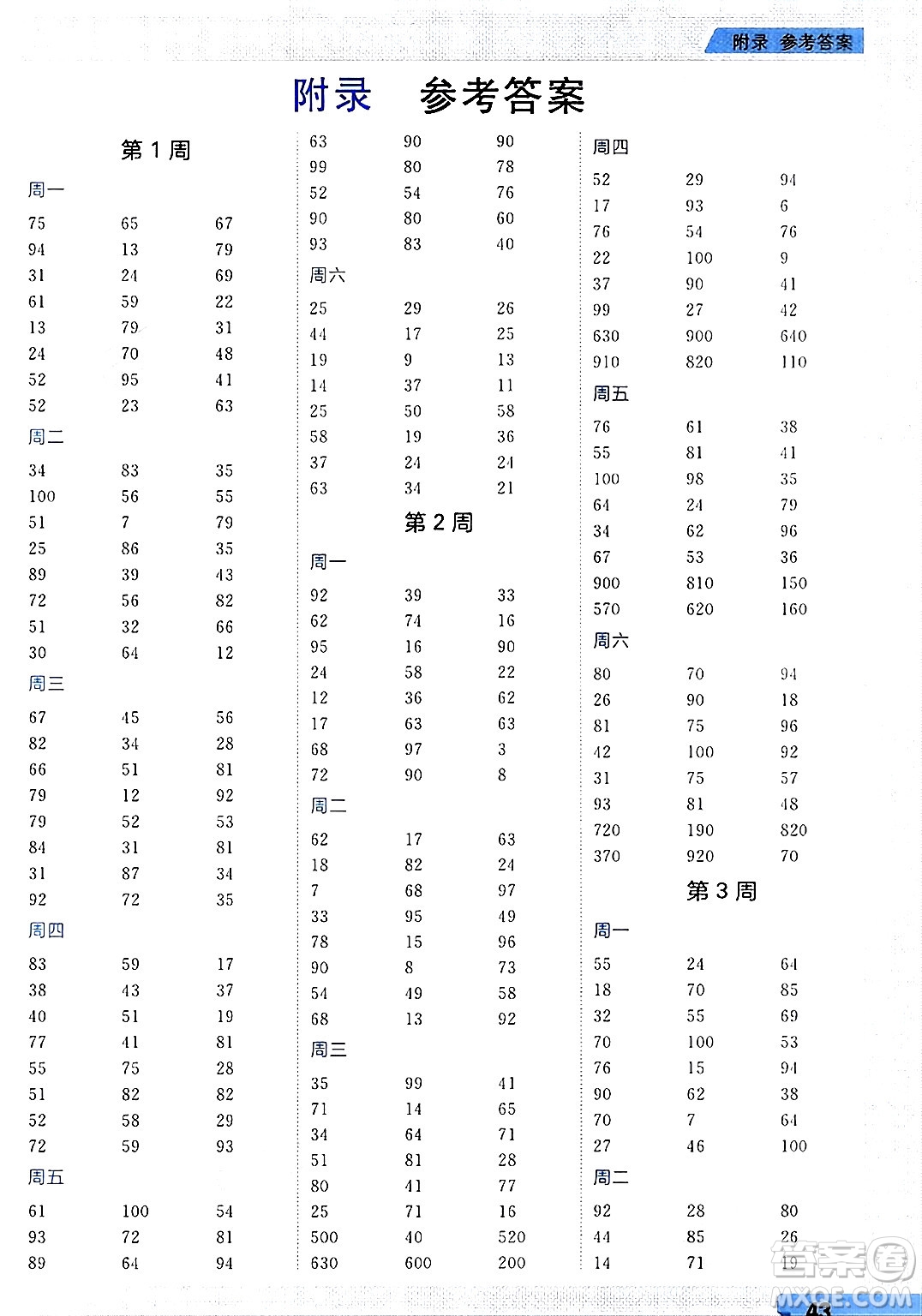 南方出版社2024秋學(xué)緣教育核心素養(yǎng)天天練三年級數(shù)學(xué)上冊人教版福建專版答案