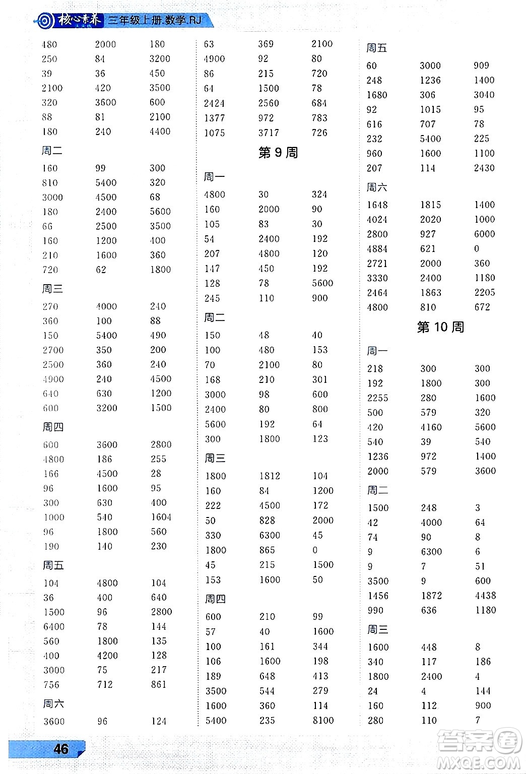 南方出版社2024秋學(xué)緣教育核心素養(yǎng)天天練三年級數(shù)學(xué)上冊人教版福建專版答案