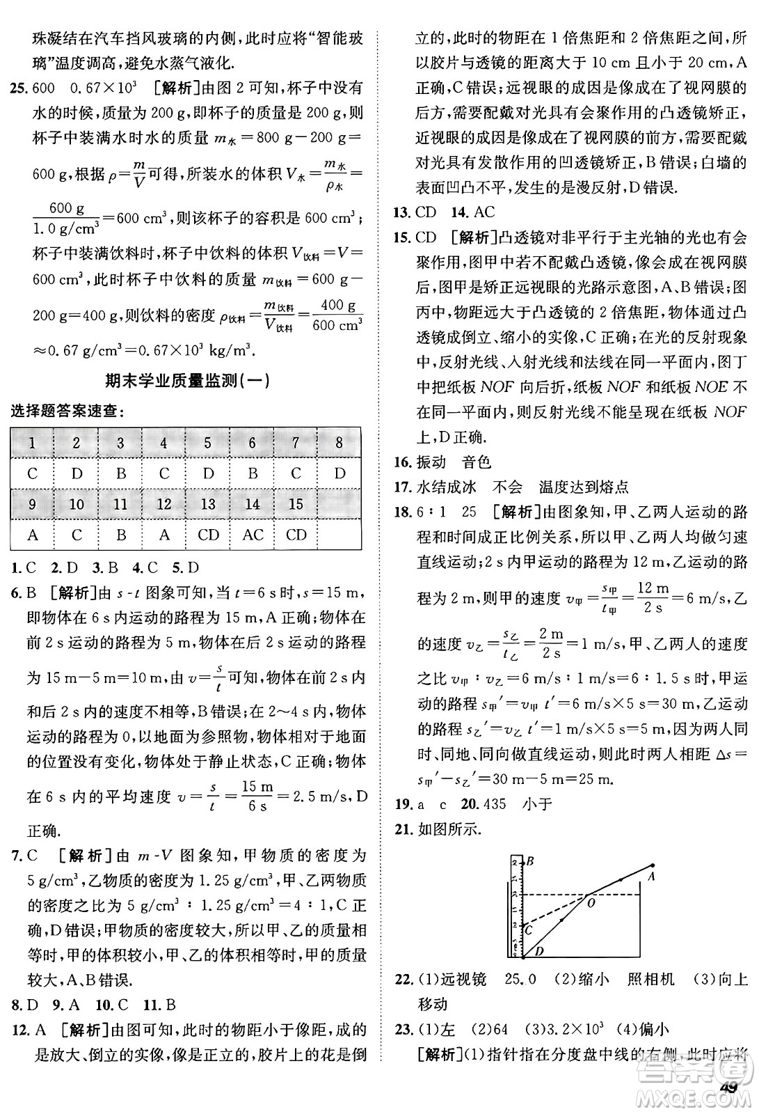 新疆青少年出版社2024年秋神龍教育期末考向標(biāo)全程跟蹤突破測(cè)試卷八年級(jí)物理上冊(cè)人教版答案