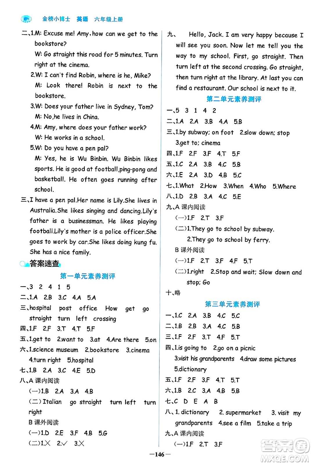 遼寧少年兒童出版社2024年秋世紀金榜金榜小博士課時提優(yōu)作業(yè)六年級英語上冊通用版三起點答案