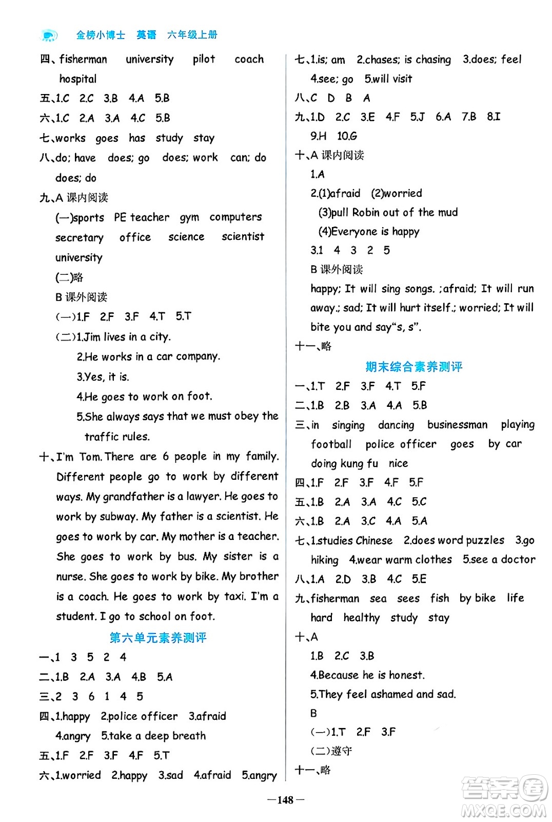 遼寧少年兒童出版社2024年秋世紀金榜金榜小博士課時提優(yōu)作業(yè)六年級英語上冊通用版三起點答案