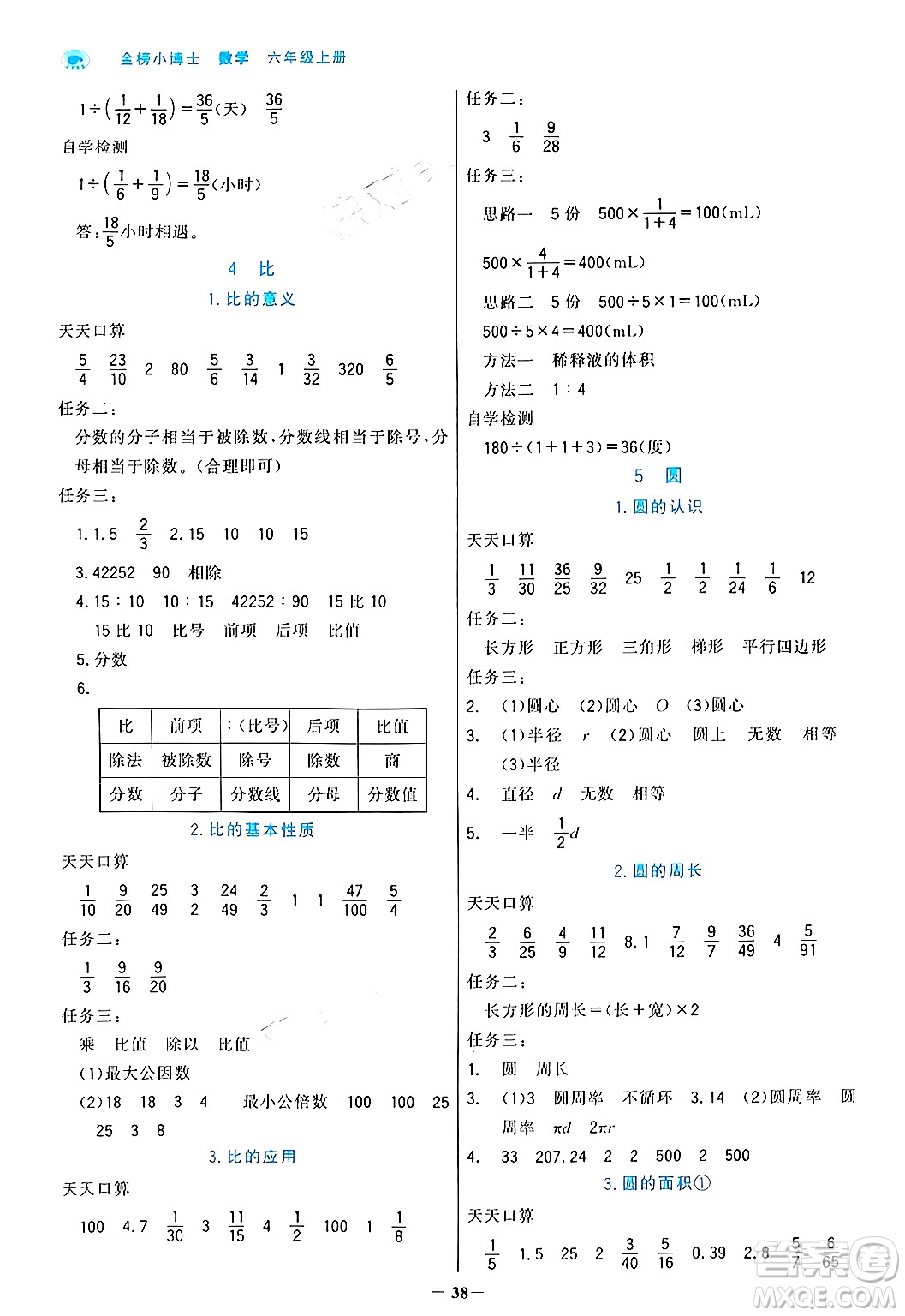 遼寧少年兒童出版社2024年秋世紀(jì)金榜金榜小博士課時(shí)提優(yōu)作業(yè)六年級(jí)數(shù)學(xué)上冊(cè)人教版答案